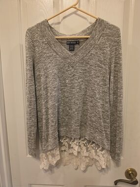 Miss Chievous Heather Gray V-Neck Pullover with Cream Lace Trim